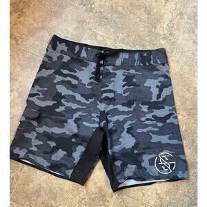 Burnside Black Gray Camo Print Swimwear Trunks BoardShorts, Men's size 40